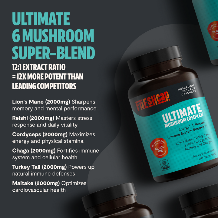 Organic mushroom complex supplement bottle with teal label and black screw cap