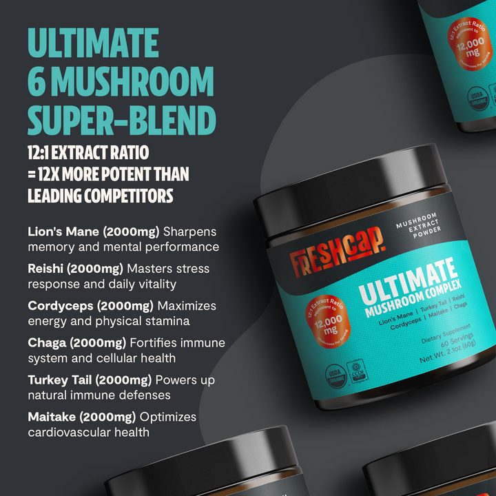 Freshcap Ultimate mushroom complex powder blend jar, angled view with teal label