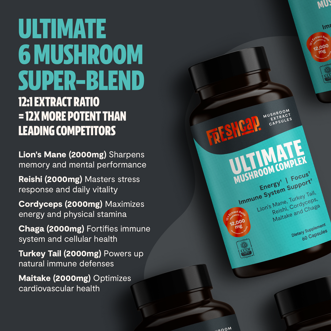 Ultimate Mushroom Complex supplement bottle with teal label and ingredient callouts