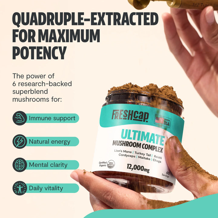 Organic mushroom blend supplement jar held in hand with loose mushroom pieces