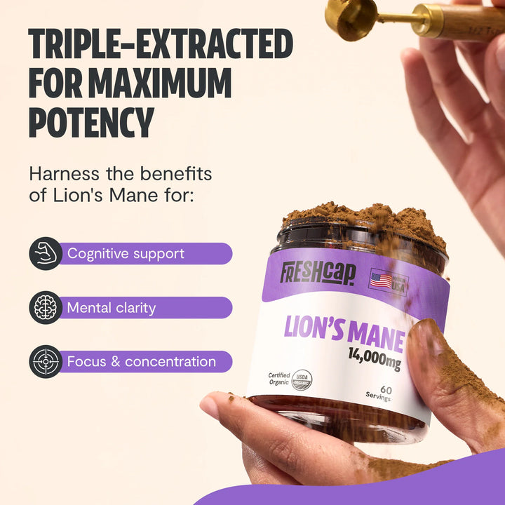 Organic Lion’s Mane mushroom powder jar and hand holding the container
