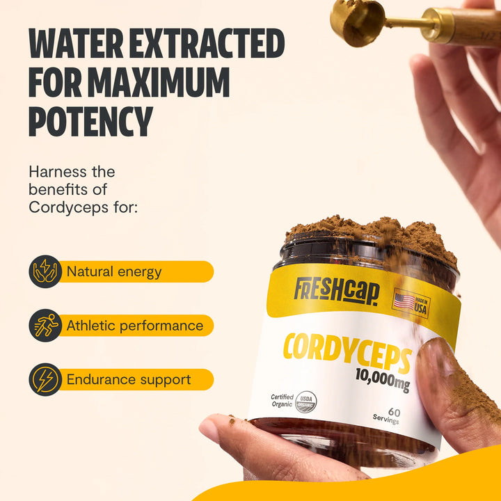 Cordyceps mushroom supplement bottle held in hand, with label visible