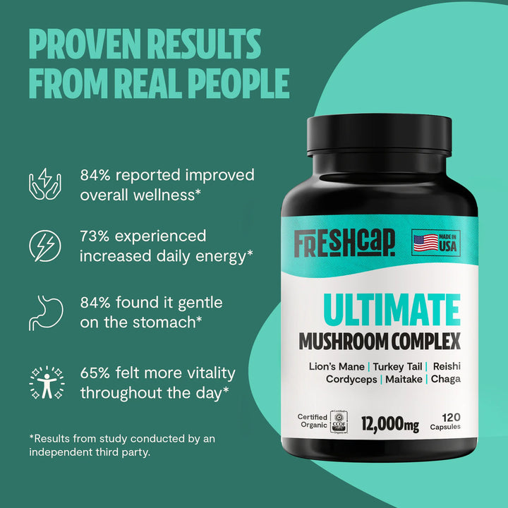 Black supplement bottle, Ultimate Mushroom Complex label with 12,000mg and 120 capsules