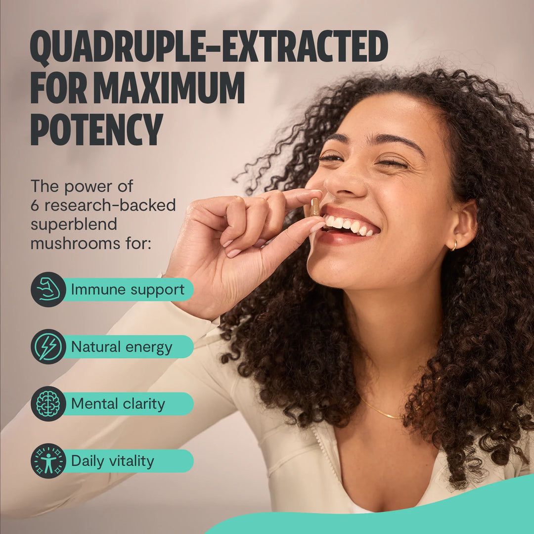 Wellness supplement promotional graphic with icons for immune support, energy, daily vitality