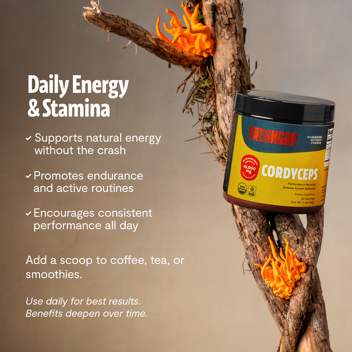 Cordyceps mushroom supplement jar on a tree log with daily energy and stamina text