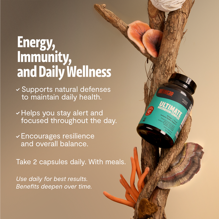Mushroom complex supplement bottle with black cap on a wood branch beside dried mushrooms