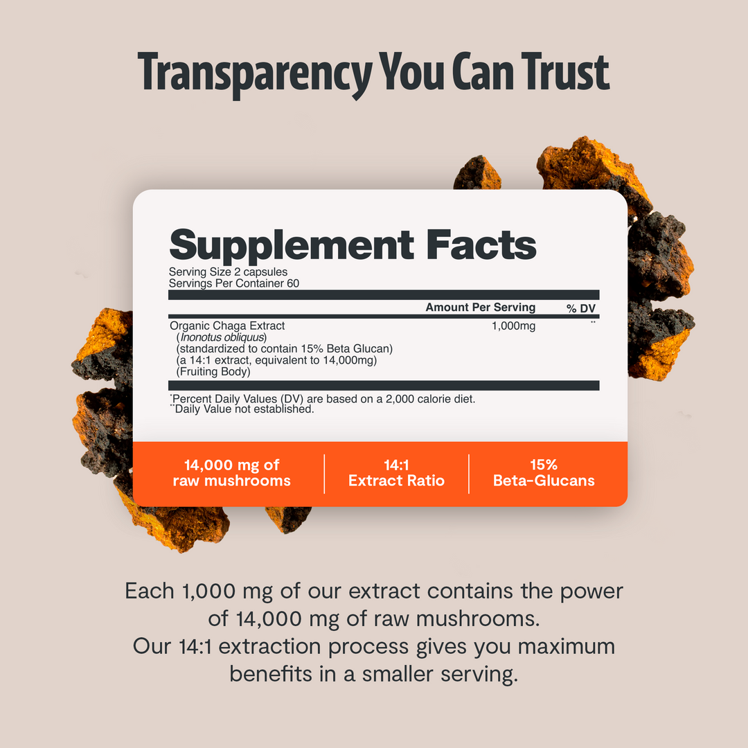 Supplement Facts panel for chaga mushroom extract capsules, 2-caps serving