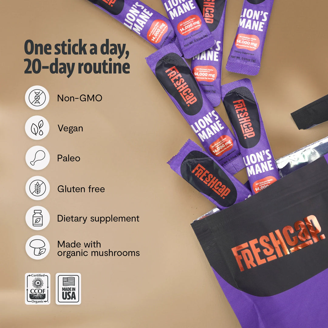 Lion’s Mane mushroom powder pouch in purple with FreshCap branding