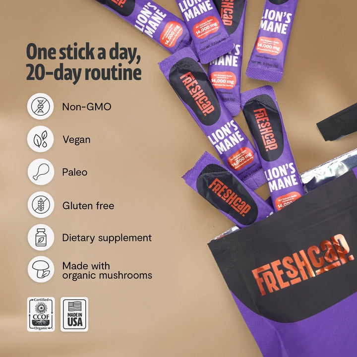 Lion’s Mane mushroom powder pouch in purple with FreshCap branding
