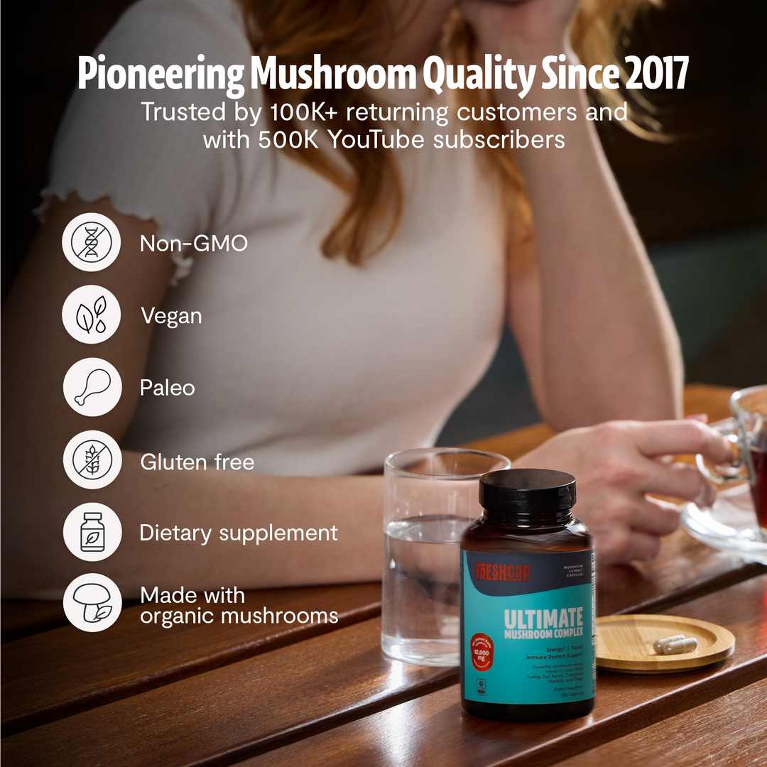 Mushroom complex supplement bottle on table with quality icons