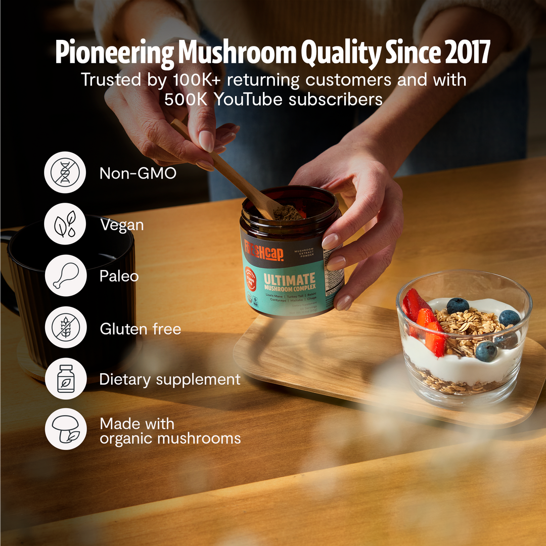 Mushroom extract powder blend jar held with a glass bowl of dried mushrooms
