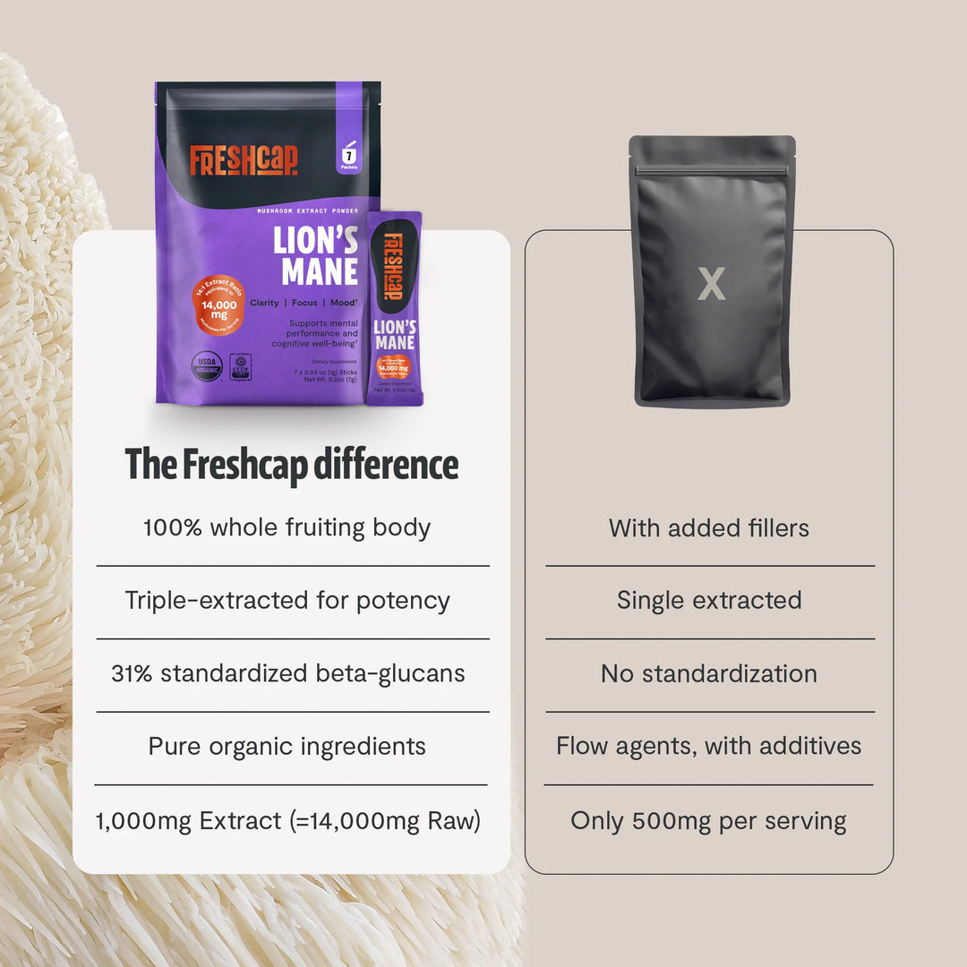 Purple Lion’s Mane mushroom powder pouch and black pouch comparison