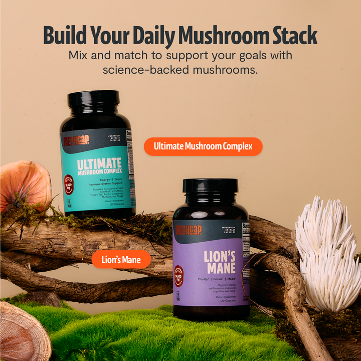 Three mushroom complex supplement bottles with black caps and teal, purple, and orange labels