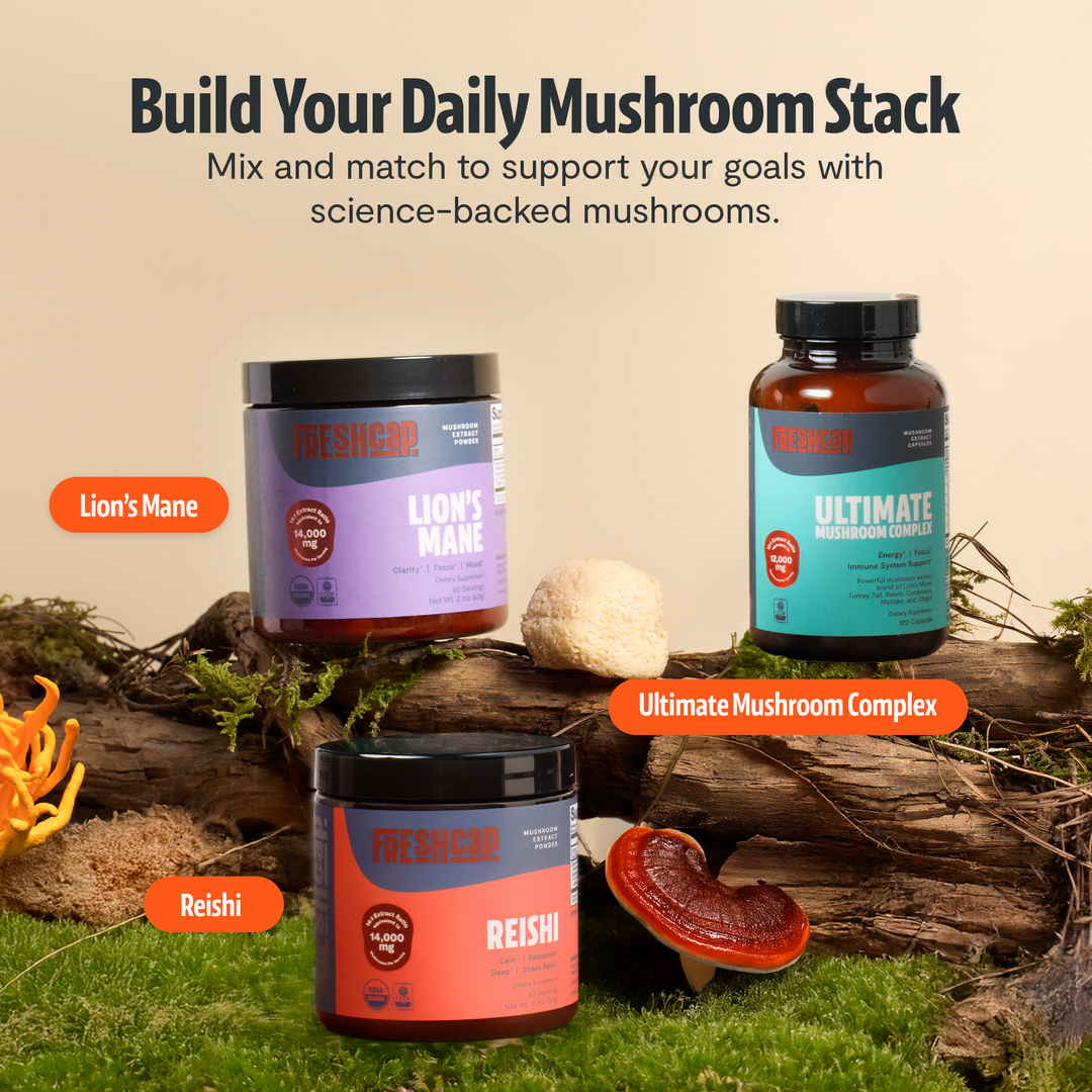Mushroom complex supplement jars with black caps and teal, purple, and orange labels