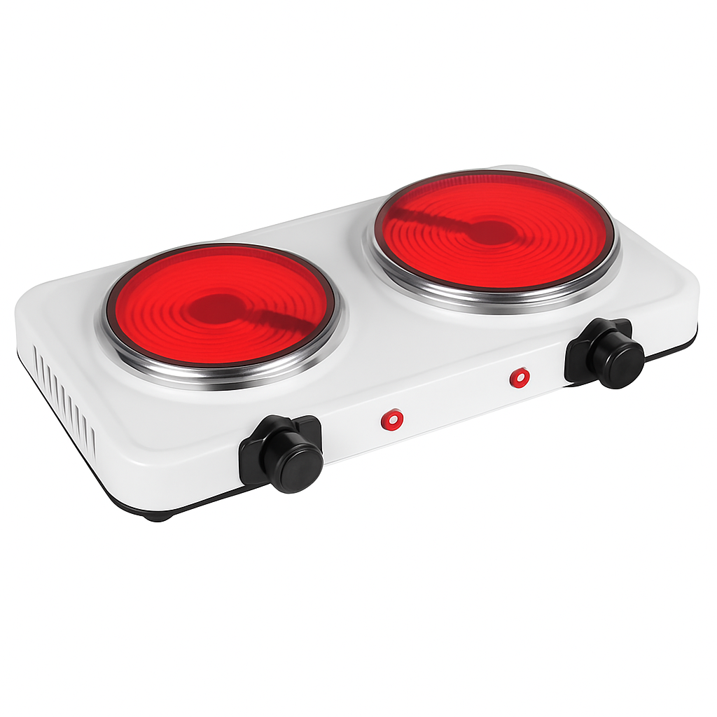 White dual-burner infrared hot plate with two glowing red coil burners and knobs