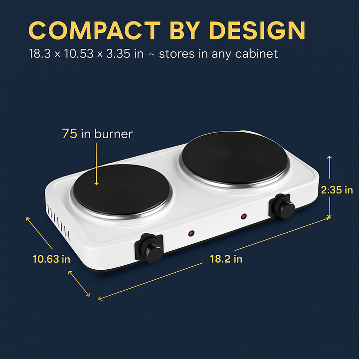 Compact dual-burner hot plate with two black heating burners, knobs, and indicator
