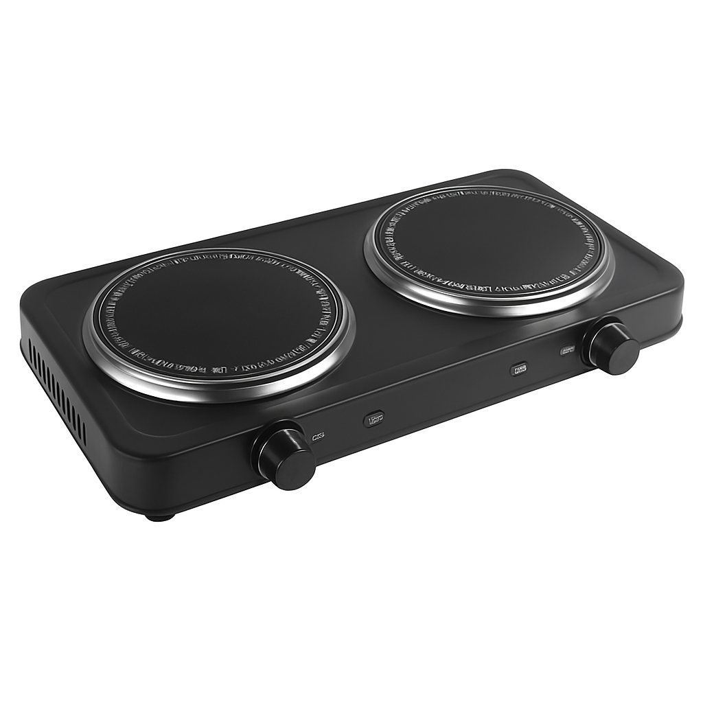 Black dual-burner infrared hot plate with two round black heating plates and knobs