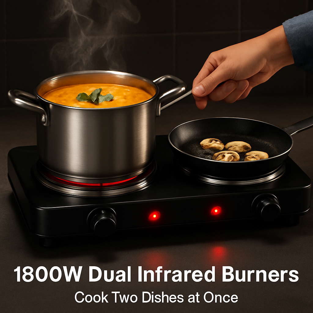 Black dual-burner infrared hot plate with glowing red burners and two control knobs