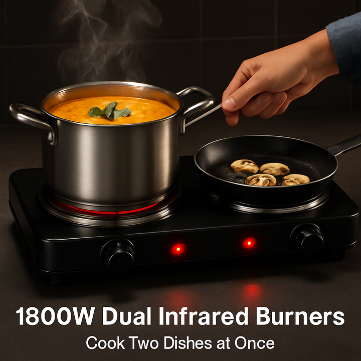 Black dual-burner infrared hot plate with glowing red burners and two control knobs