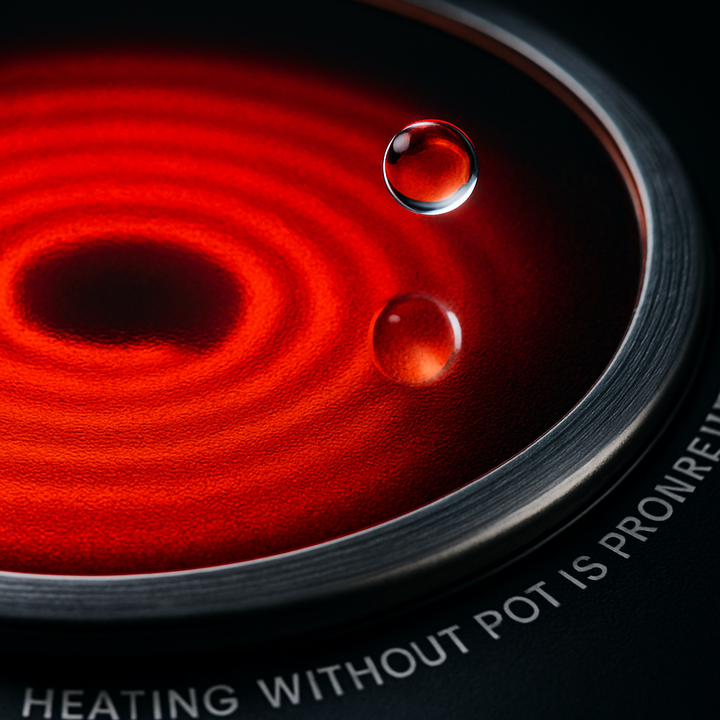Close-up of red infrared heating coils on dual-burner hot plate