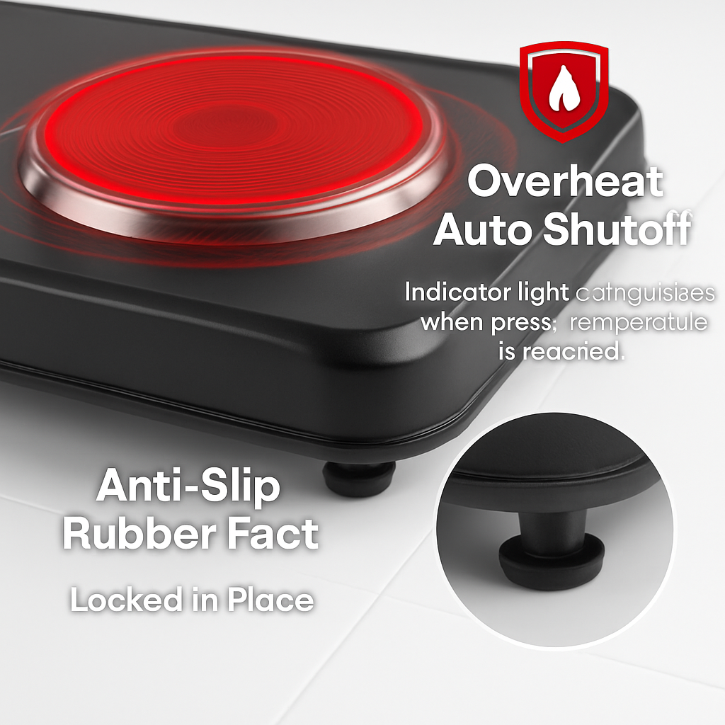 Dual-burner infrared hot plate with red coil and anti-slip rubber feet