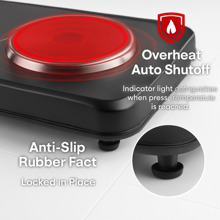 Dual-burner infrared hot plate with red coil and anti-slip rubber feet