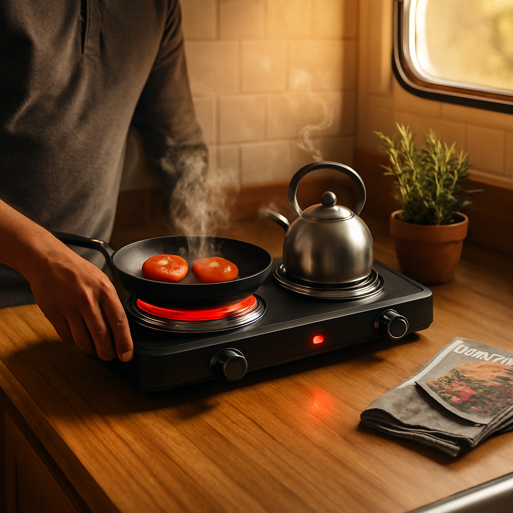 Portable dual-burner infrared hot plate with glowing burners on countertop