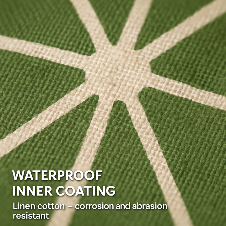 Green organizer fabric with white geometric pattern close-up
