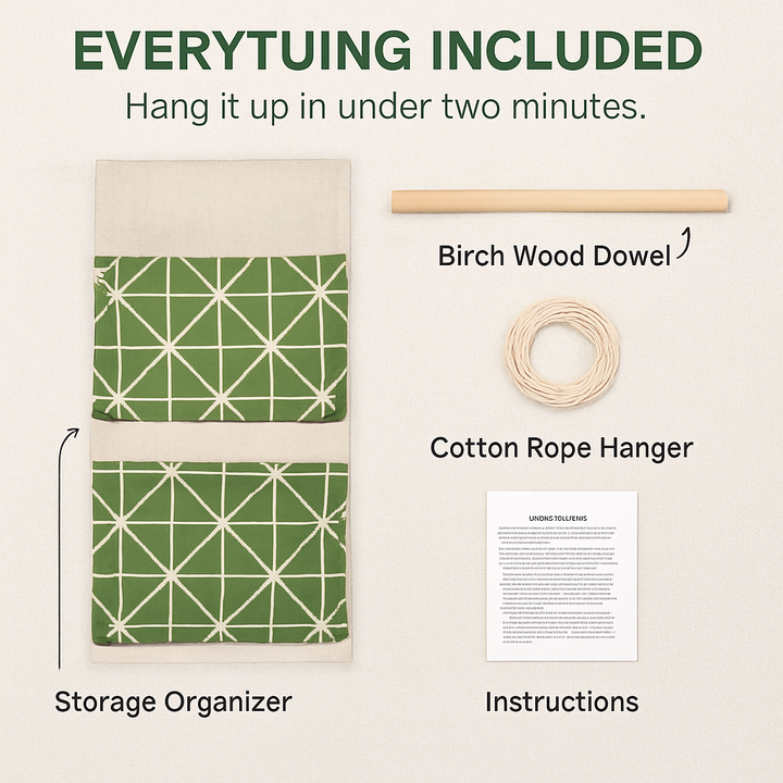 Green wall storage organizer bag with included cord hanger and wooden dowel