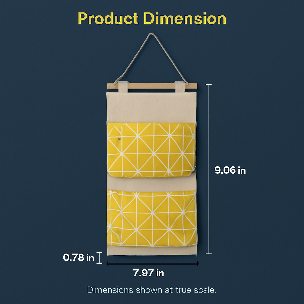Wall-mounted storage bag in yellow geometric pattern with three hanging pockets.