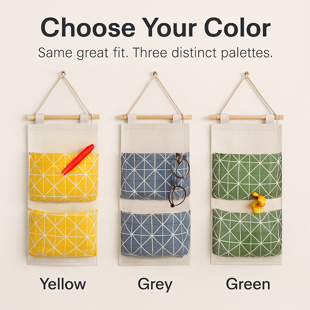 Wall-mounted storage bags in yellow, grey, and green geometric patterns.