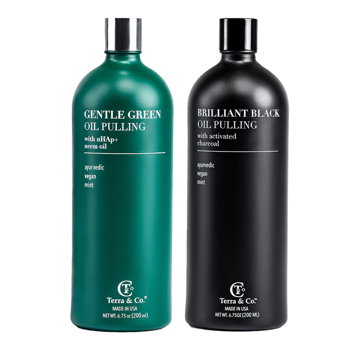 Gentle Green oil pulling bottle and Brilliant Black oil pulling bottle pair