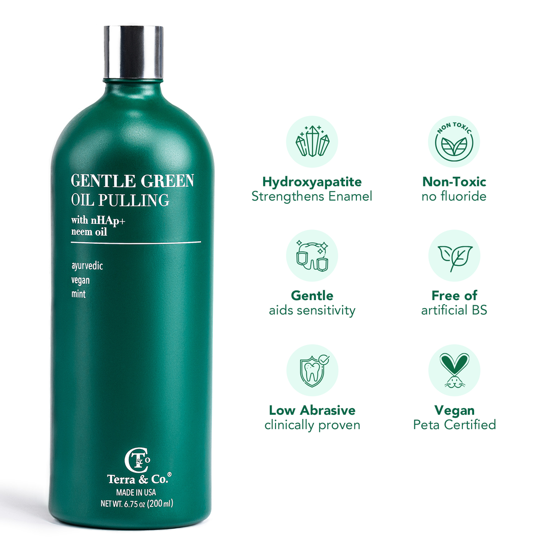 Gentle Green oil pulling oral rinse bottle with key feature icons on white background