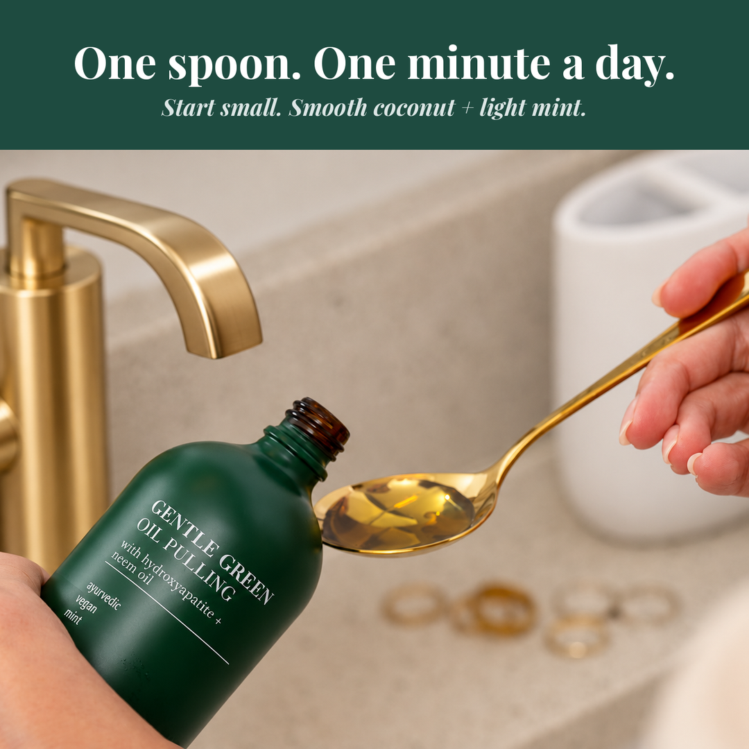Gentle green oil pulling bottle with golden oil on spoon near bathroom faucet
