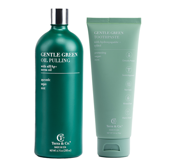 Gentle Green oil pulling bottle and matching toothpaste tube set