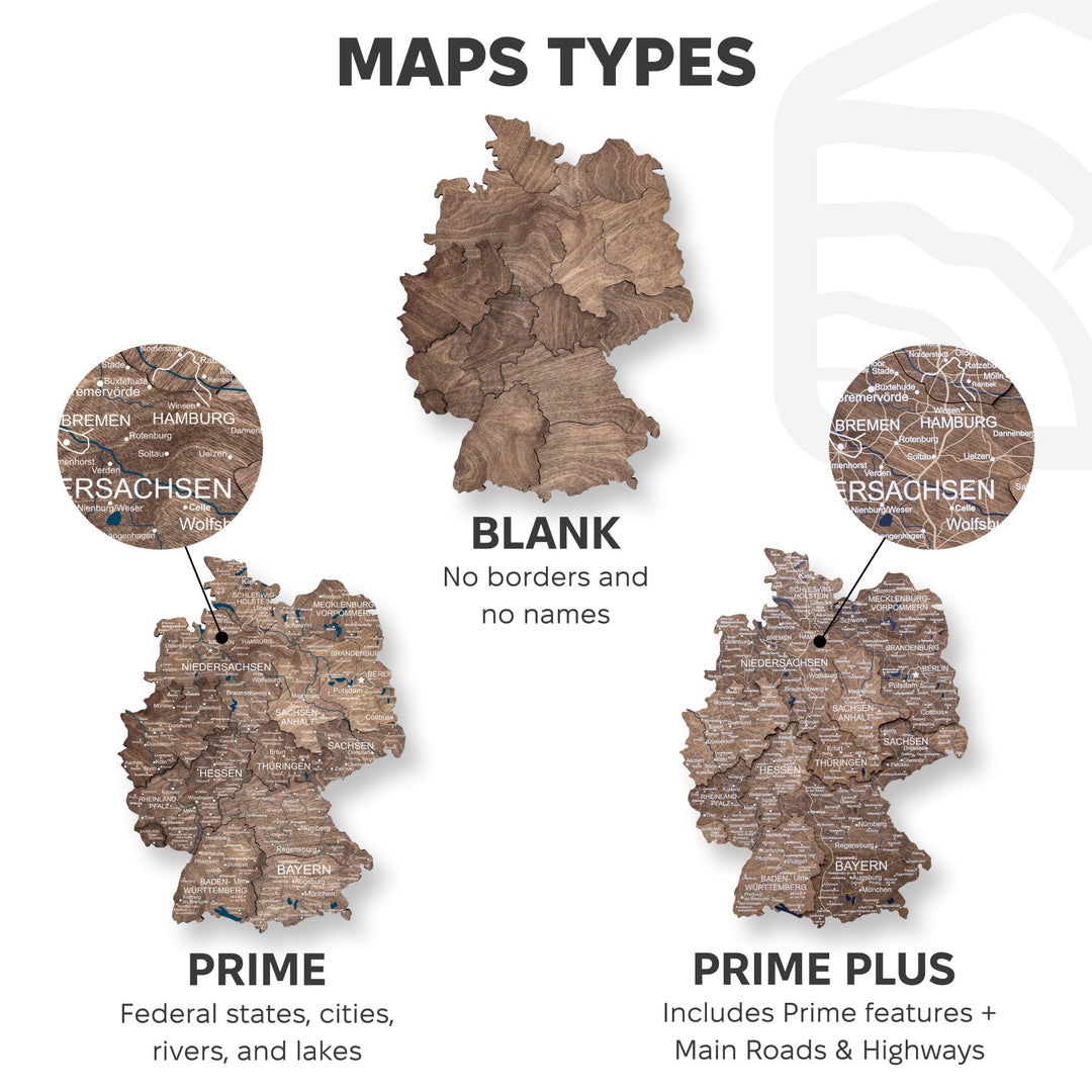 Wooden Germany map styles: Blank, Prime, and Prime Plus in dark walnut
