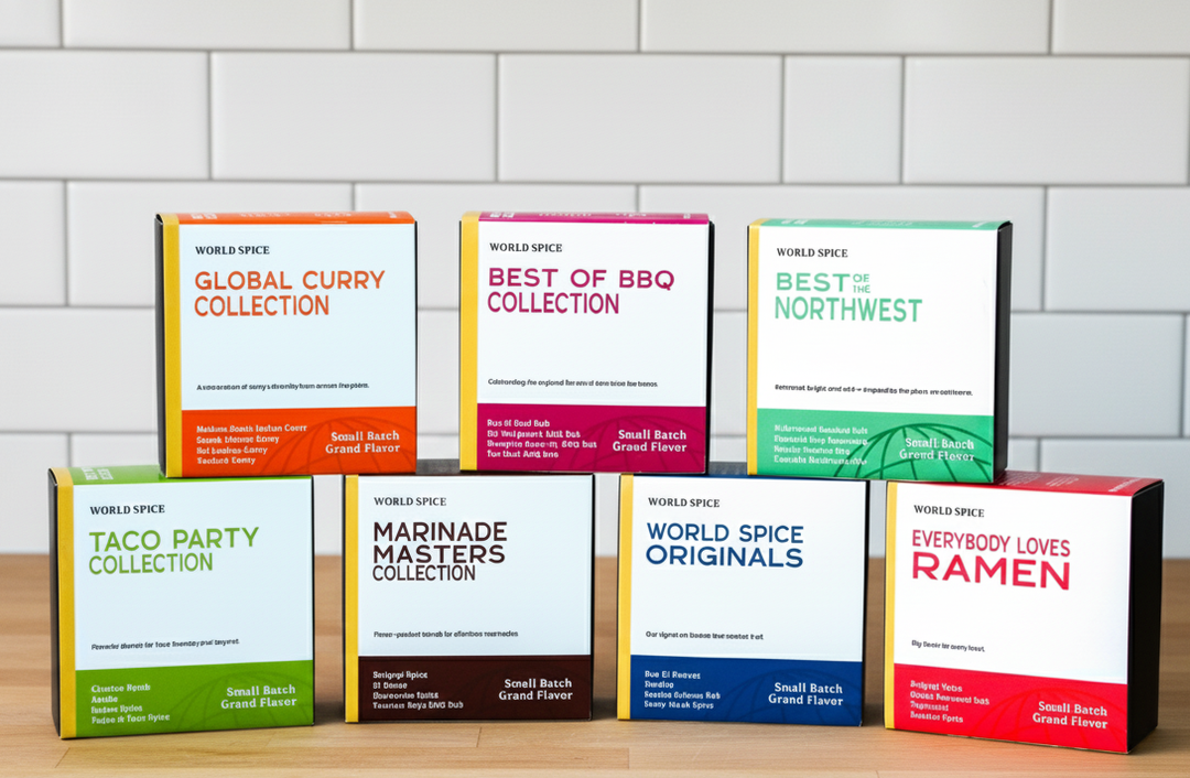 Spice collection display with curry seasoning cartons and boxed blends