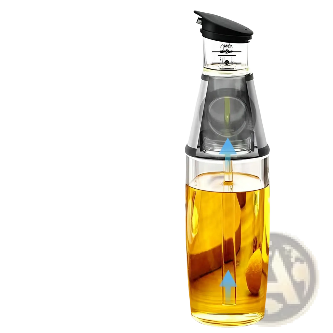 Single glass oil dispenser with black precision measuring cup; pours yellow oil.