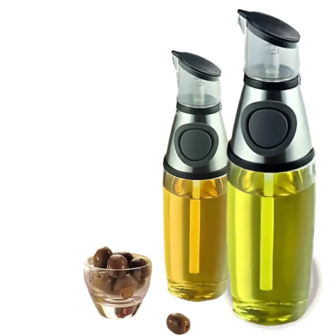 Two glass oil dispensers with black caps and colored bases, holding yellow oil.