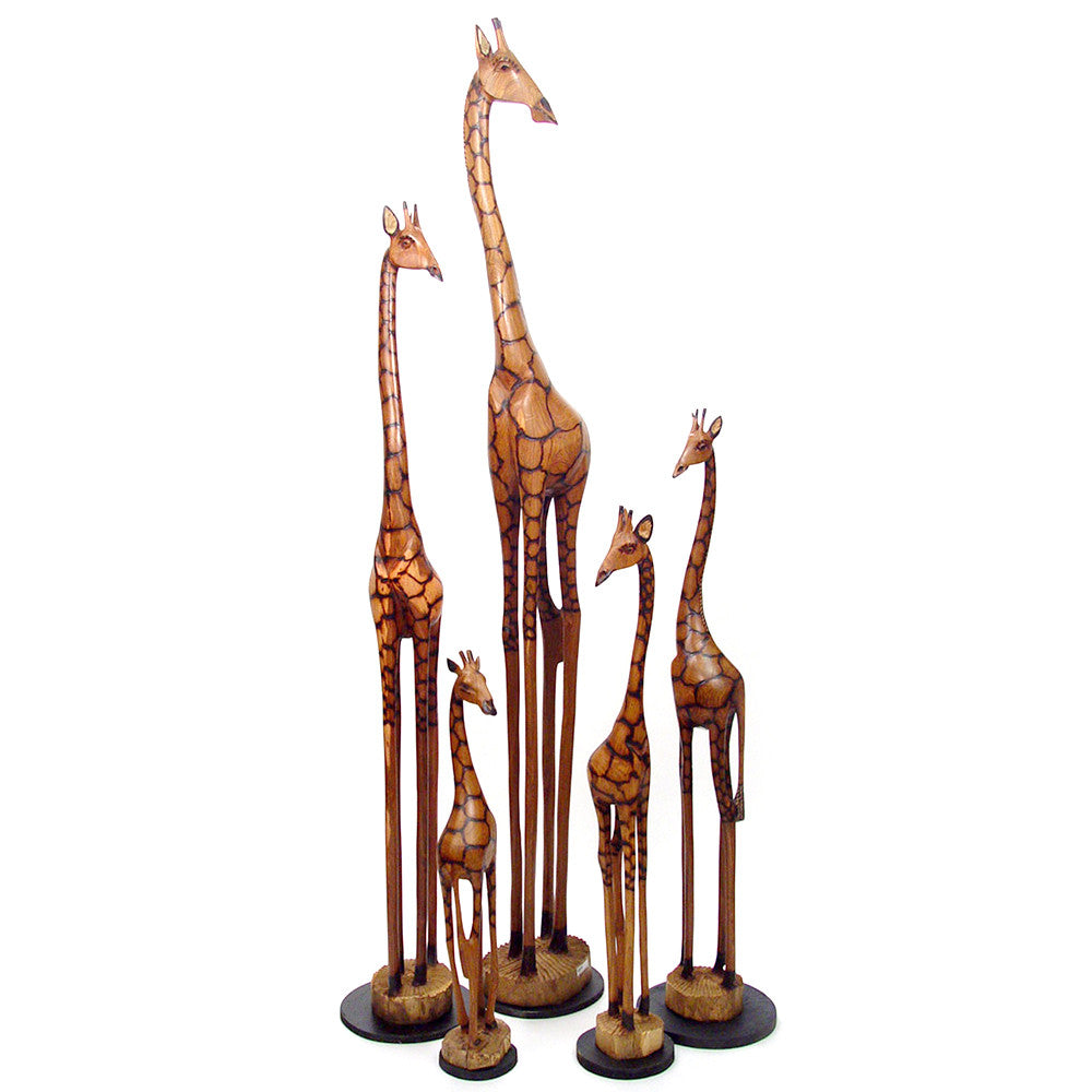 Olivewood giraffe set with tall standing figures on round bases