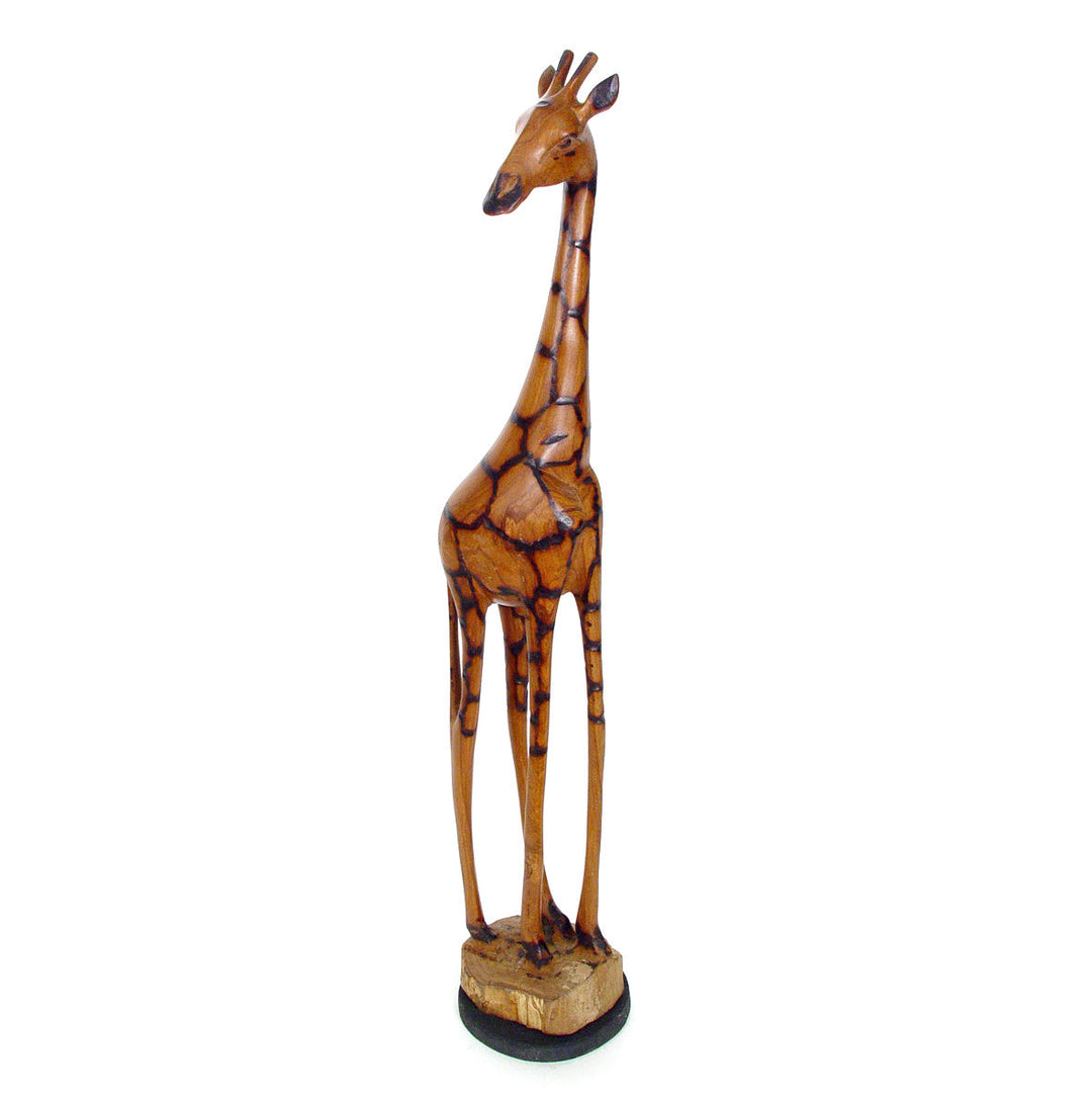 Olivewood giraffe statue, full-body view, carved patterned wood on round base
