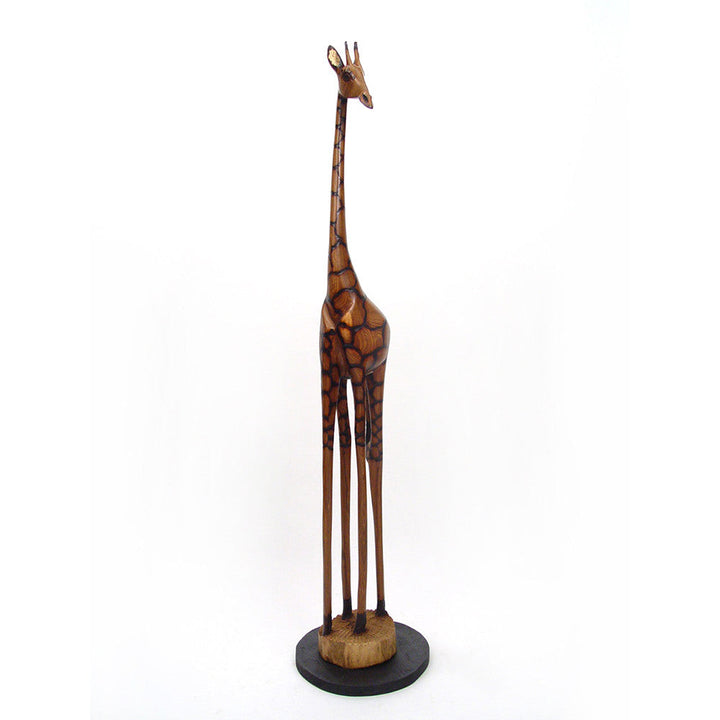 Olivewood giraffe figurine standing upright on a round base