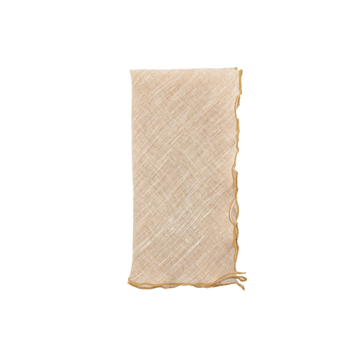Beige linen napkin with gold ruffled edges, vertical folded view