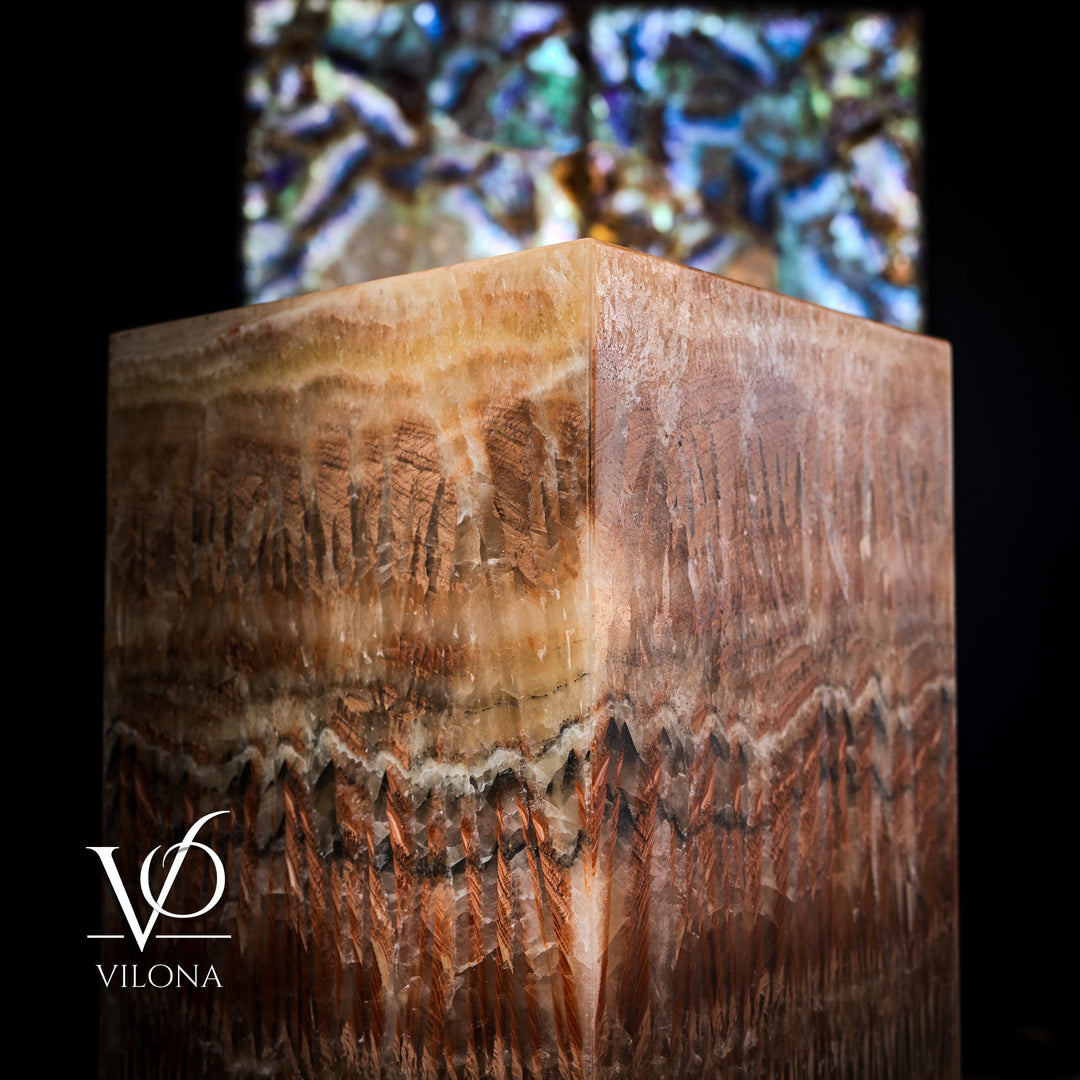 Square floor lamp side panel close-up with rust-brown resin striations