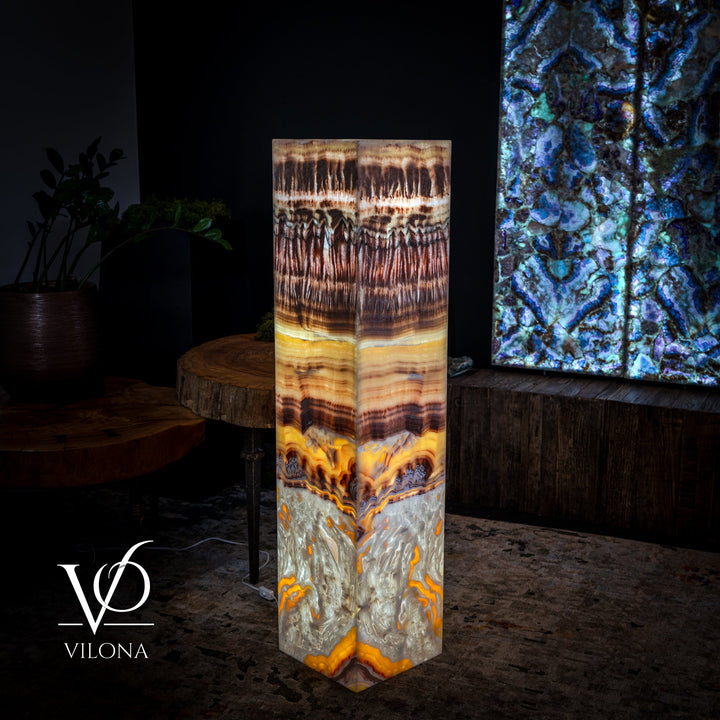 Square floor lamp front view with warm amber stripes and gray textured bottom