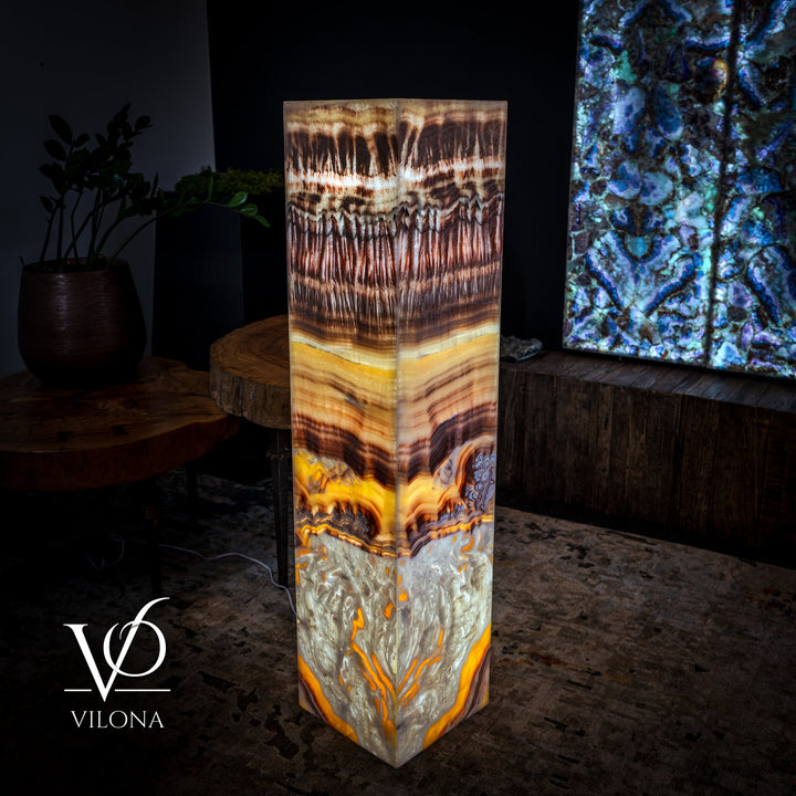 Square floor lamp with tall resin mosaic body in amber, brown, and gray