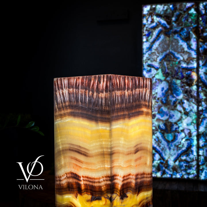 Upper half of square floor lamp shade with layered golden and brown lines