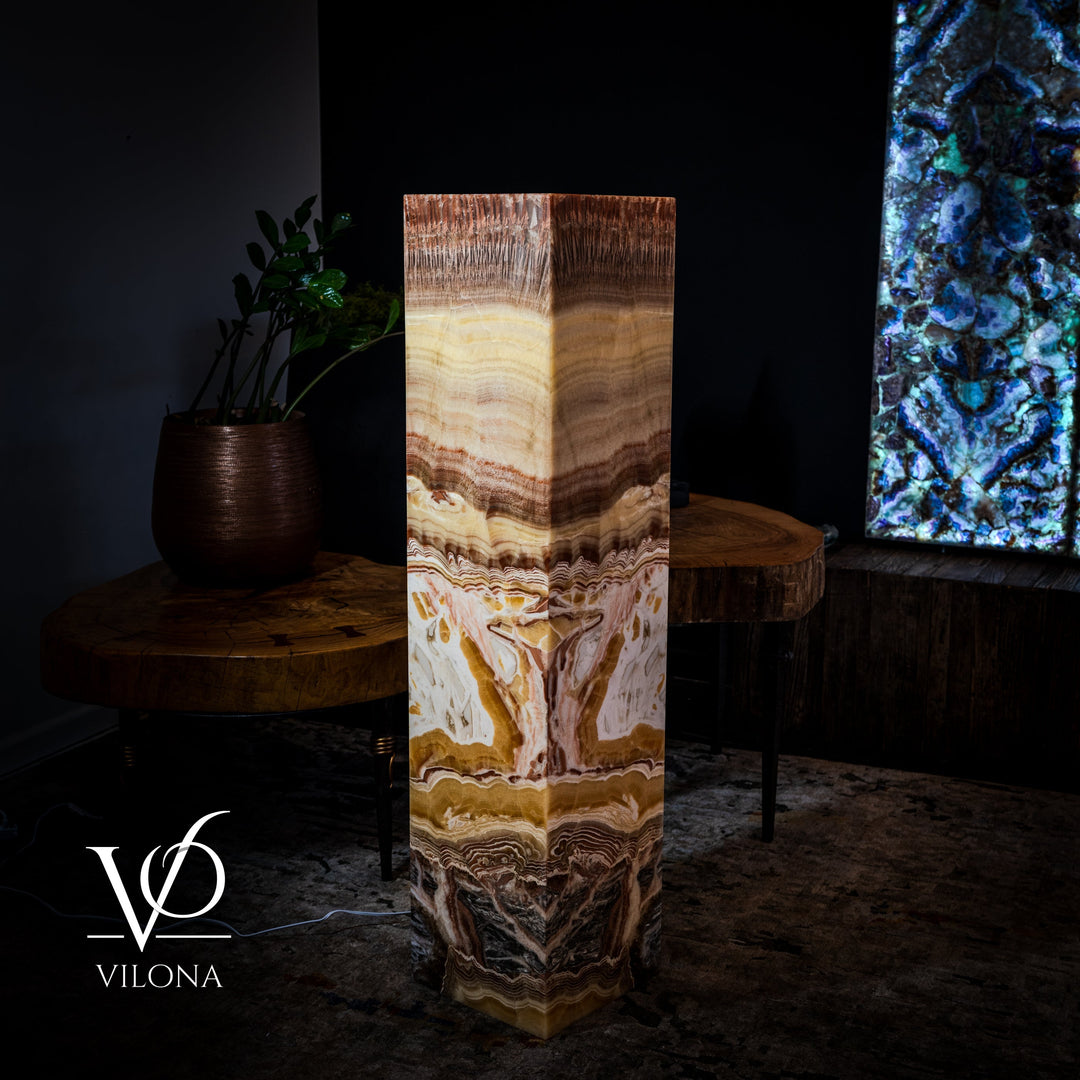 Full-height square floor lamp with mixed beige, amber, and dark gray pattern