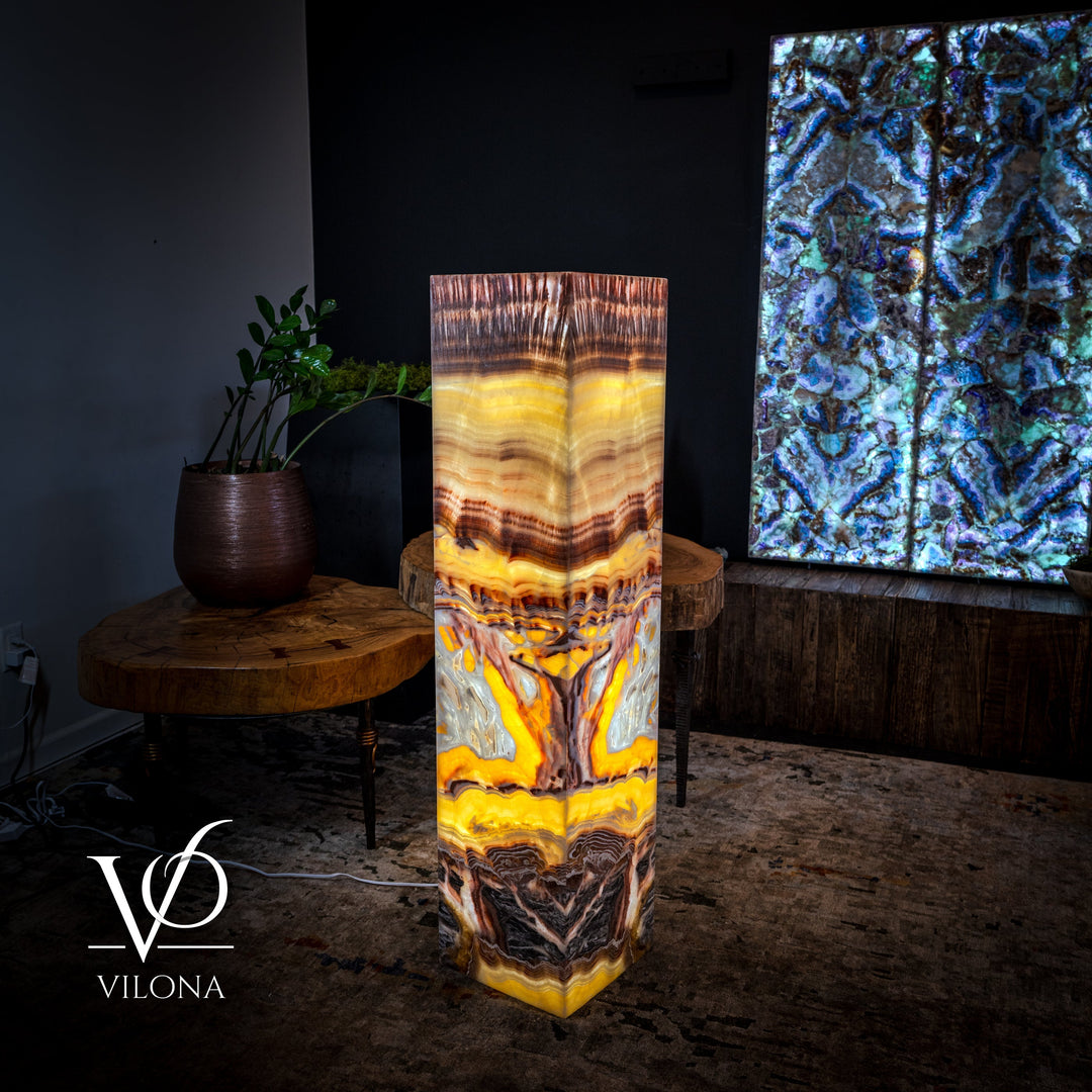 Onyx-style square floor lamp shade in warm gold, amber, and gray tones