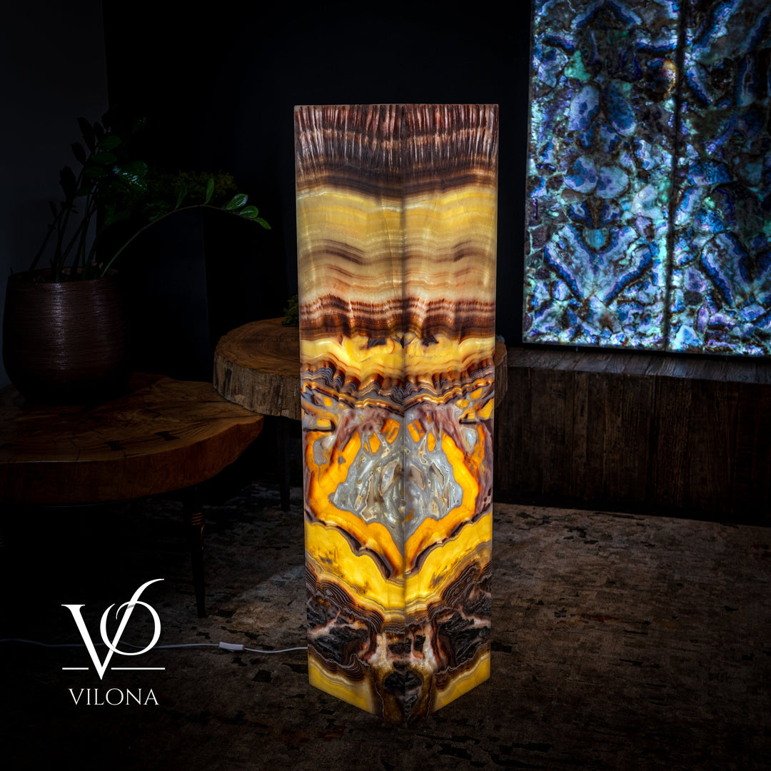 Tall square onyx-style floor lamp with warm yellow, orange, and gray design